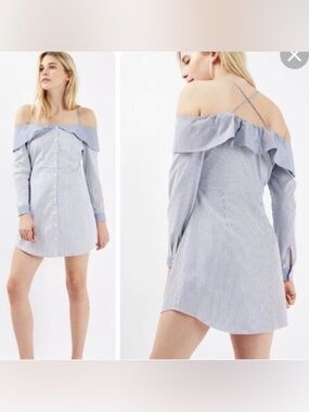 Topshop Light Blue & White Off-Shoulder Pinstripe Dress